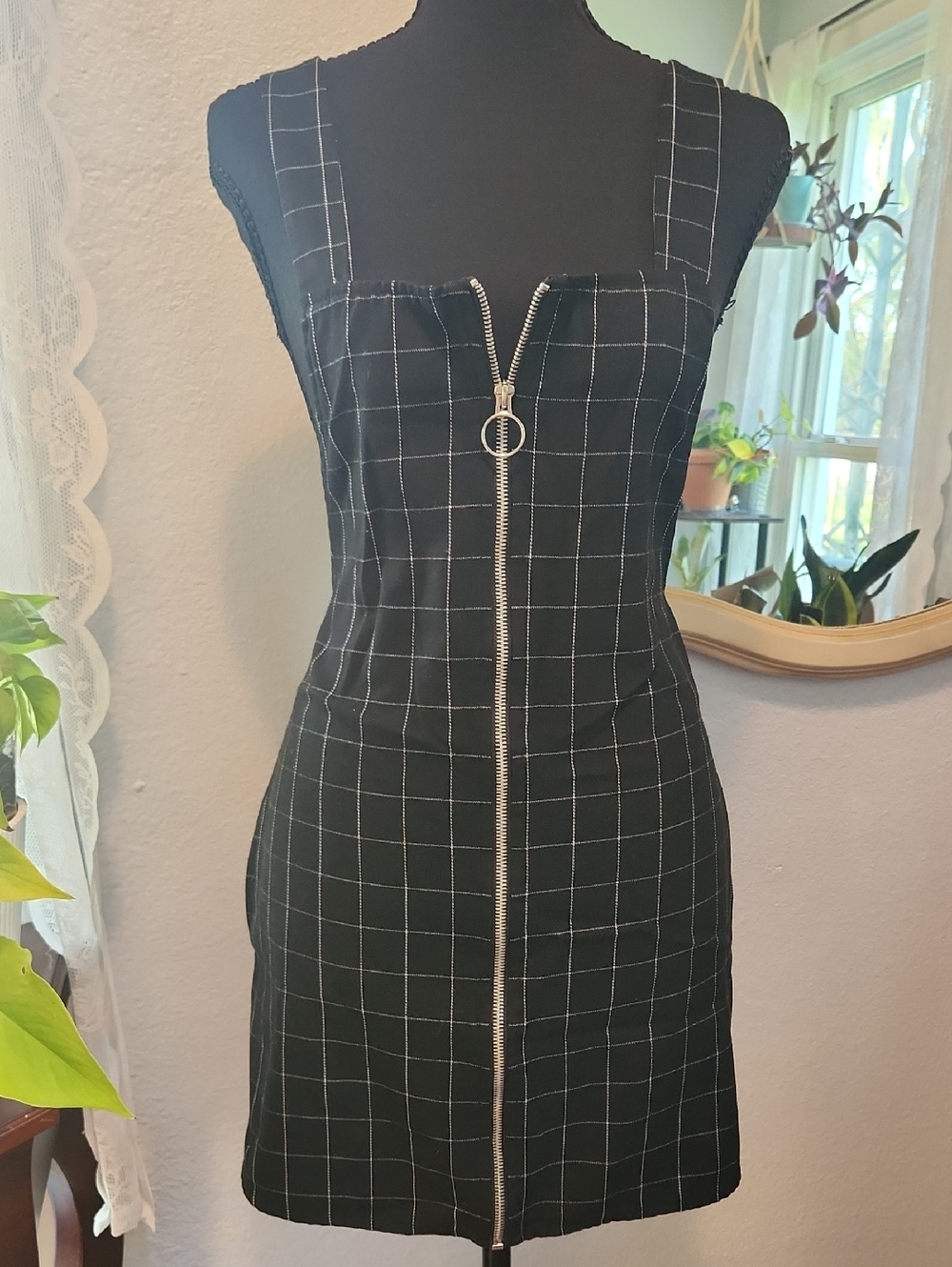 Forever 21 Black Windowpane Zip-Front Mini Dress